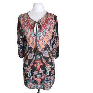 Tolani Womens‎ Small Pullover Ikat Tassel 100% Silk Tunic Dress Boho 3/4 Sleeves